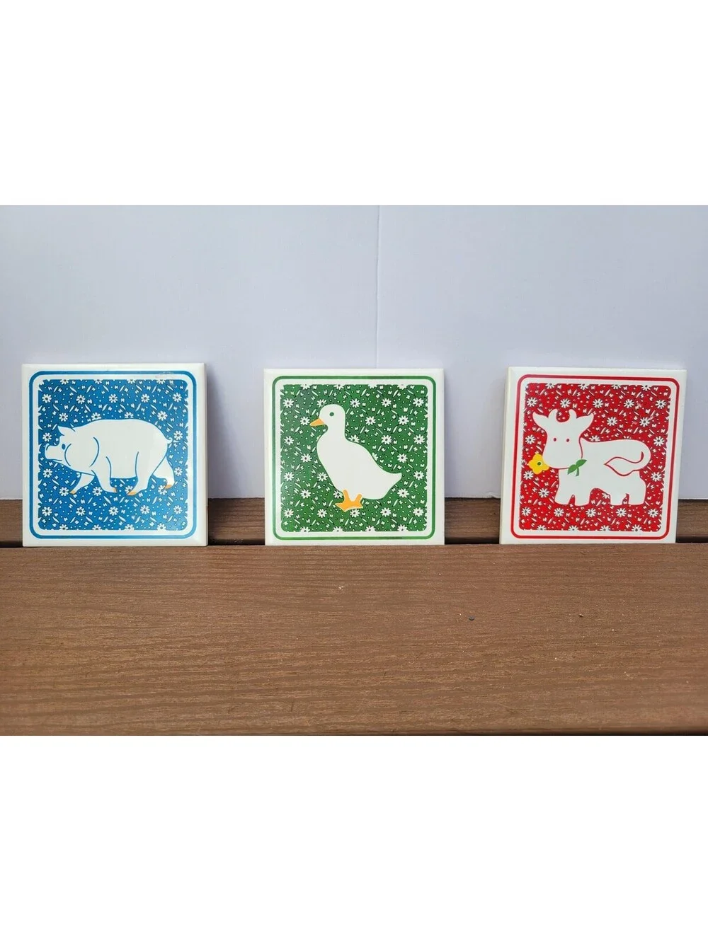 Levo Farm Animal Trivet Tiles Set Of 3 Ceramic Colorful Country Kitchen Decor